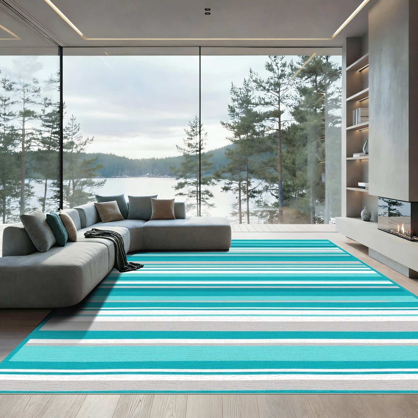 Coastal Teal Striped Horizontal Rug