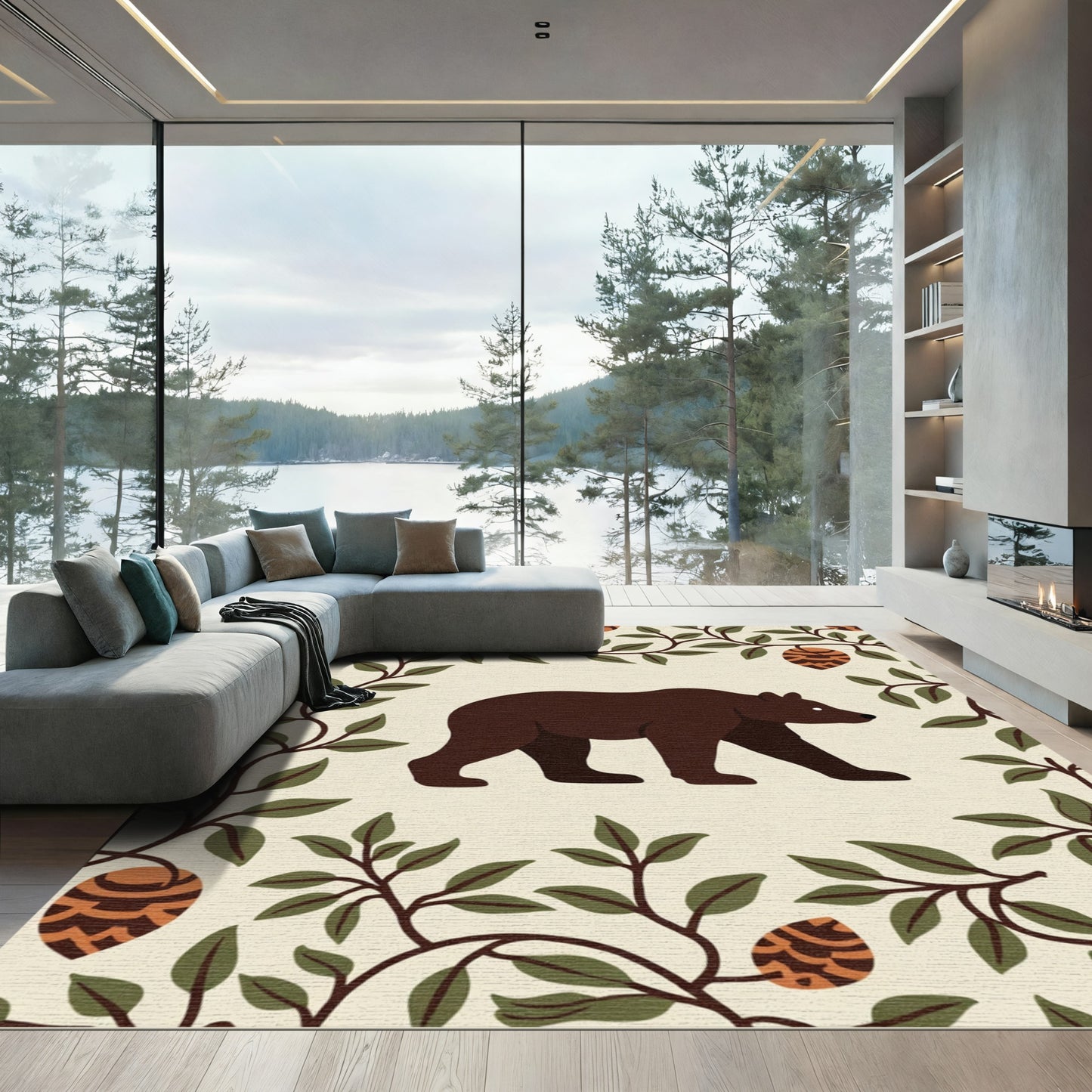 Brown Bear Pinecone Surrounded Vines Rug