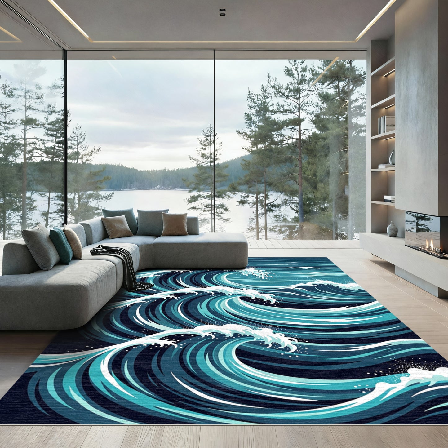 Deep Blue Ocean Wave Swirls Rug