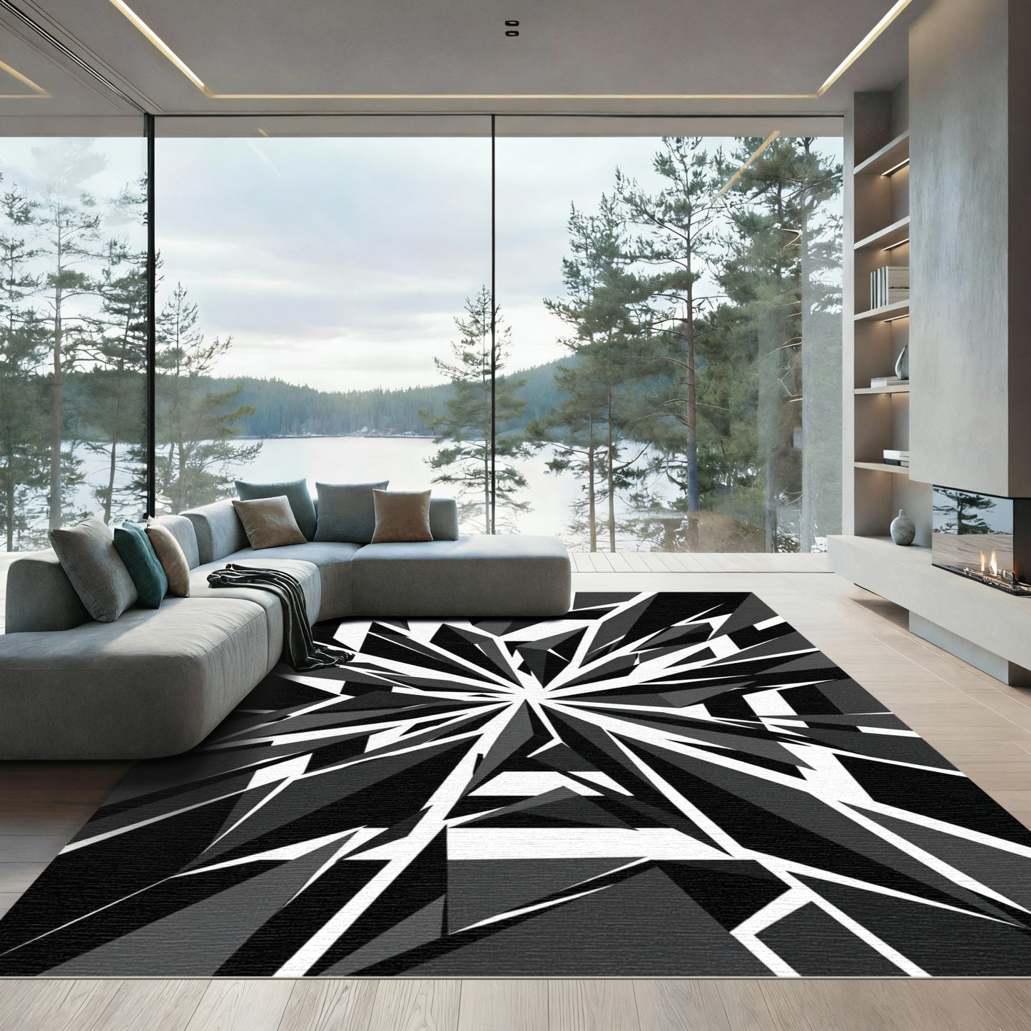 Monochrome Abstract Geometric Starburst Rug