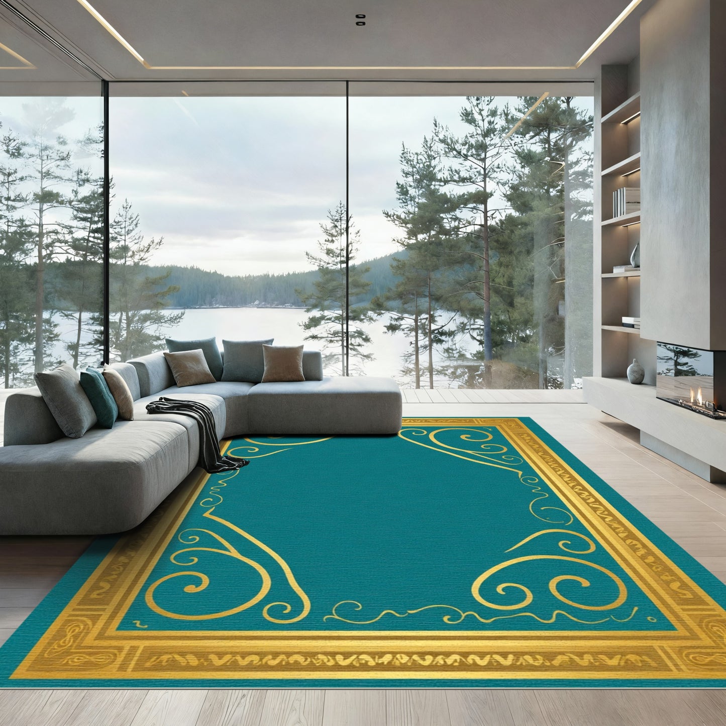 Ornate Gold Teal Scrollwork Frame Rug