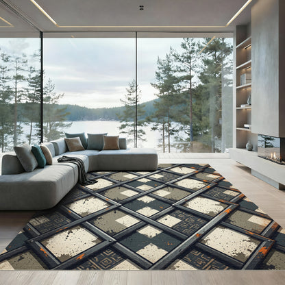 Industrial Lattice Grid Charcoal Cream Rug