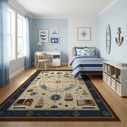 Vintage Nautical Celestial Compass Rug