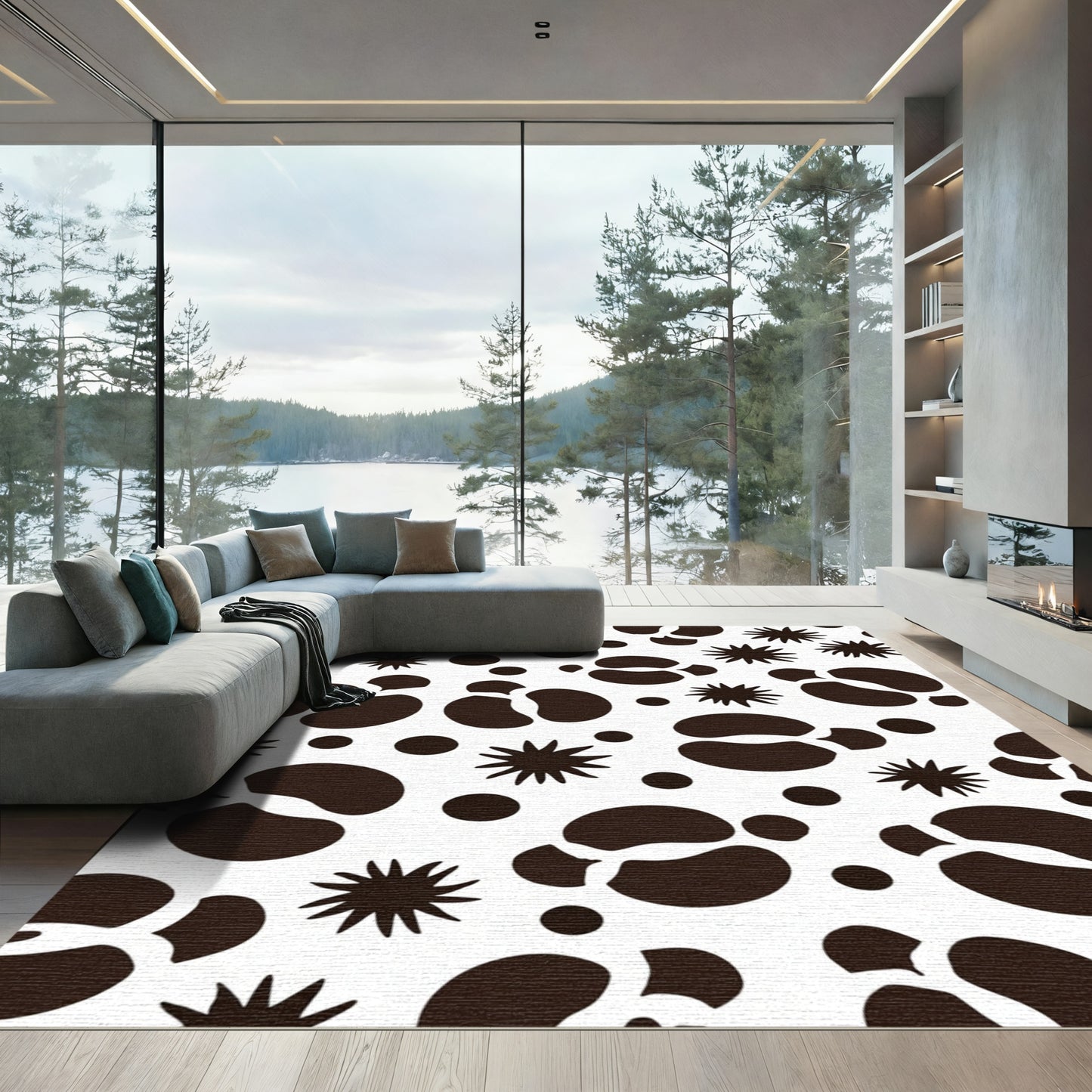 Brown and White Textured Spatter Shapes Rug