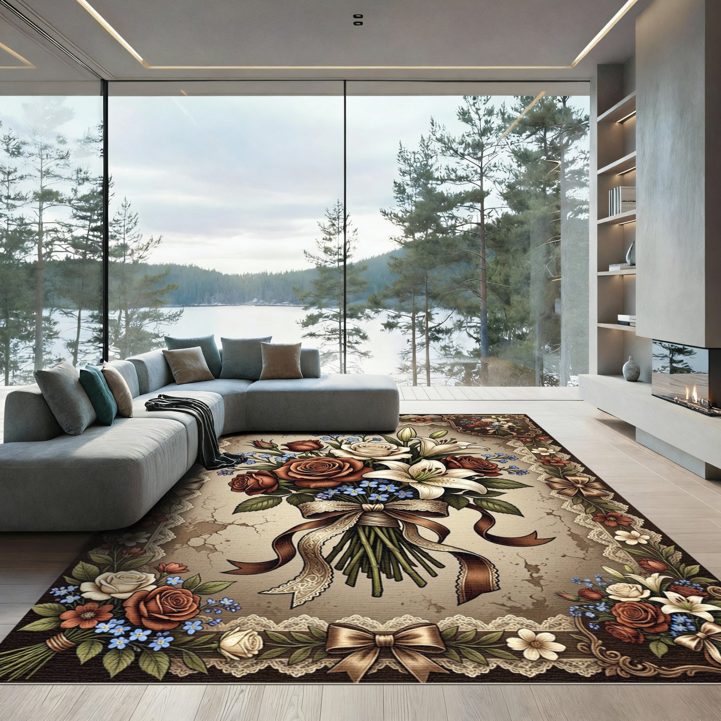Vintage Sepia Rose and Lilac Bouquet Rug