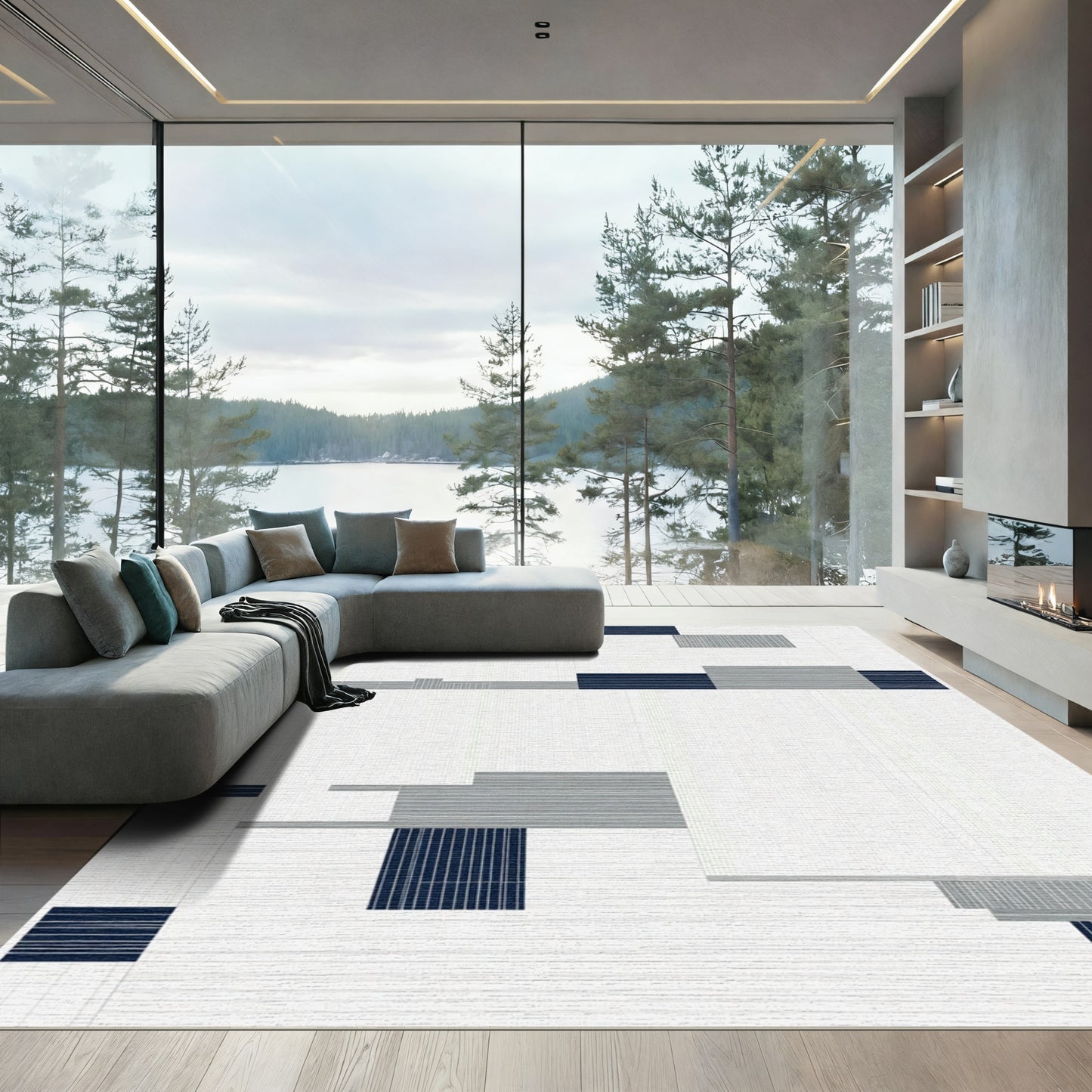 Modern Minimalist Navy Gray Blocks Rug