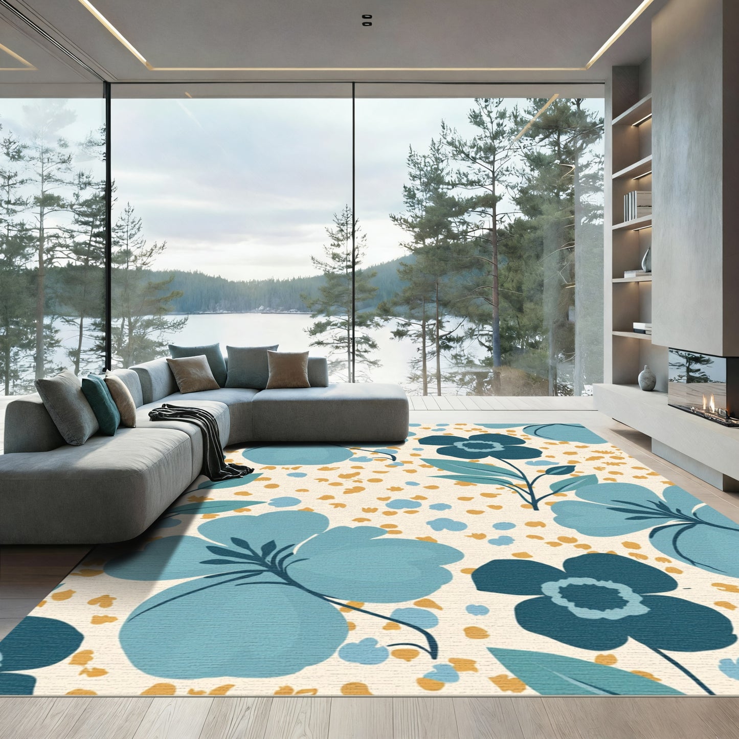 Teal Blue Floral Scatter Rug