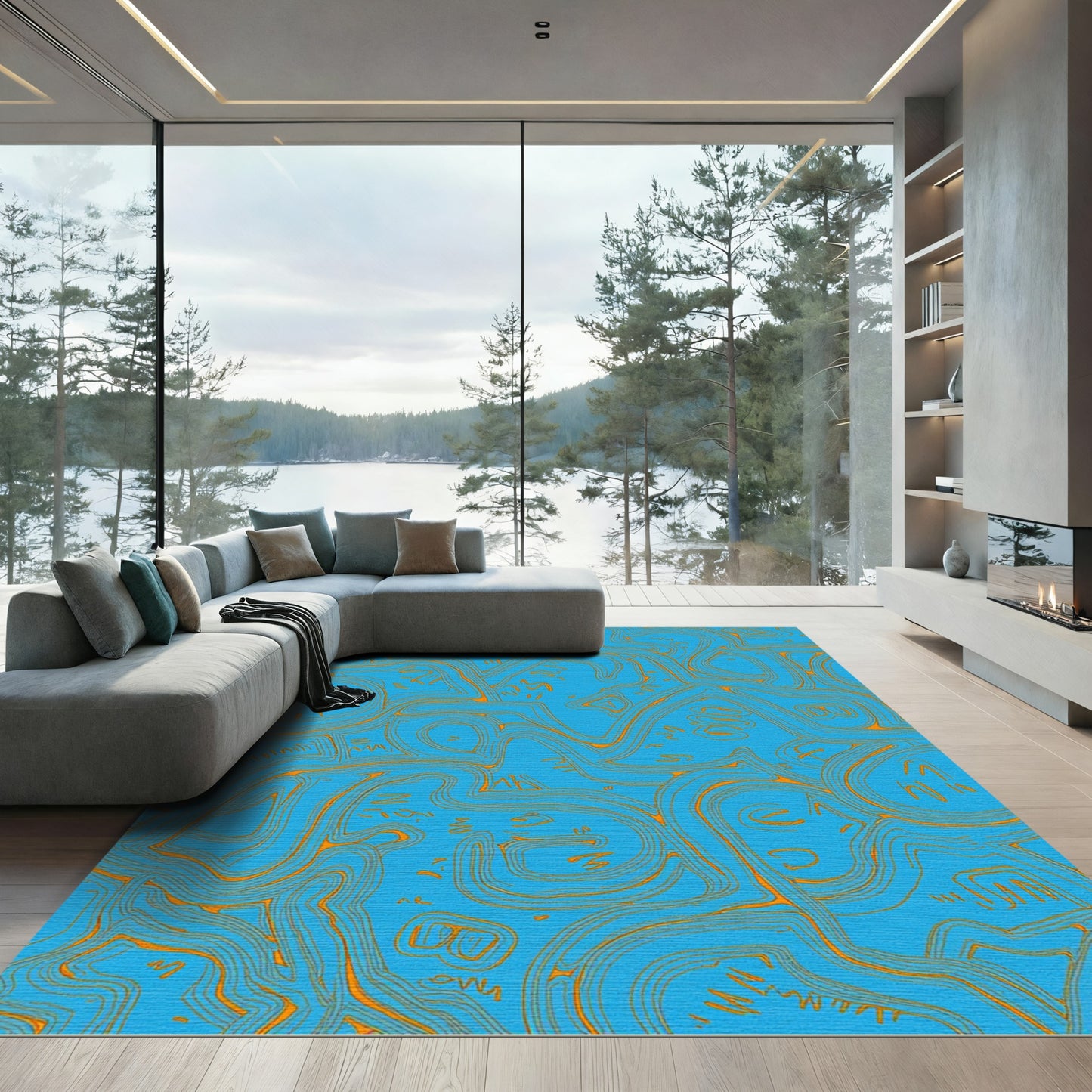 Azure Orange Abstract Wavy Lines Rug