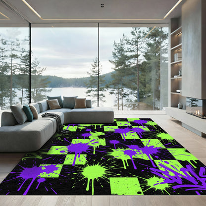 Neon Graffiti Splatter Checkerboard Rug