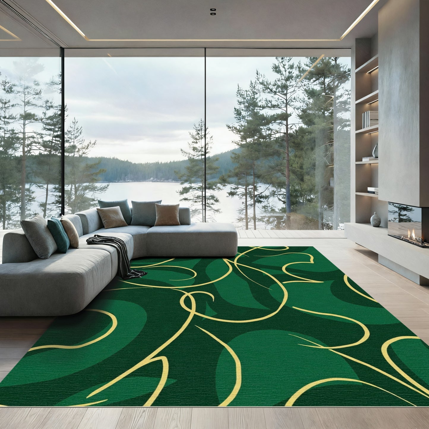 Deep Emerald Swirls Calligraphy Rug