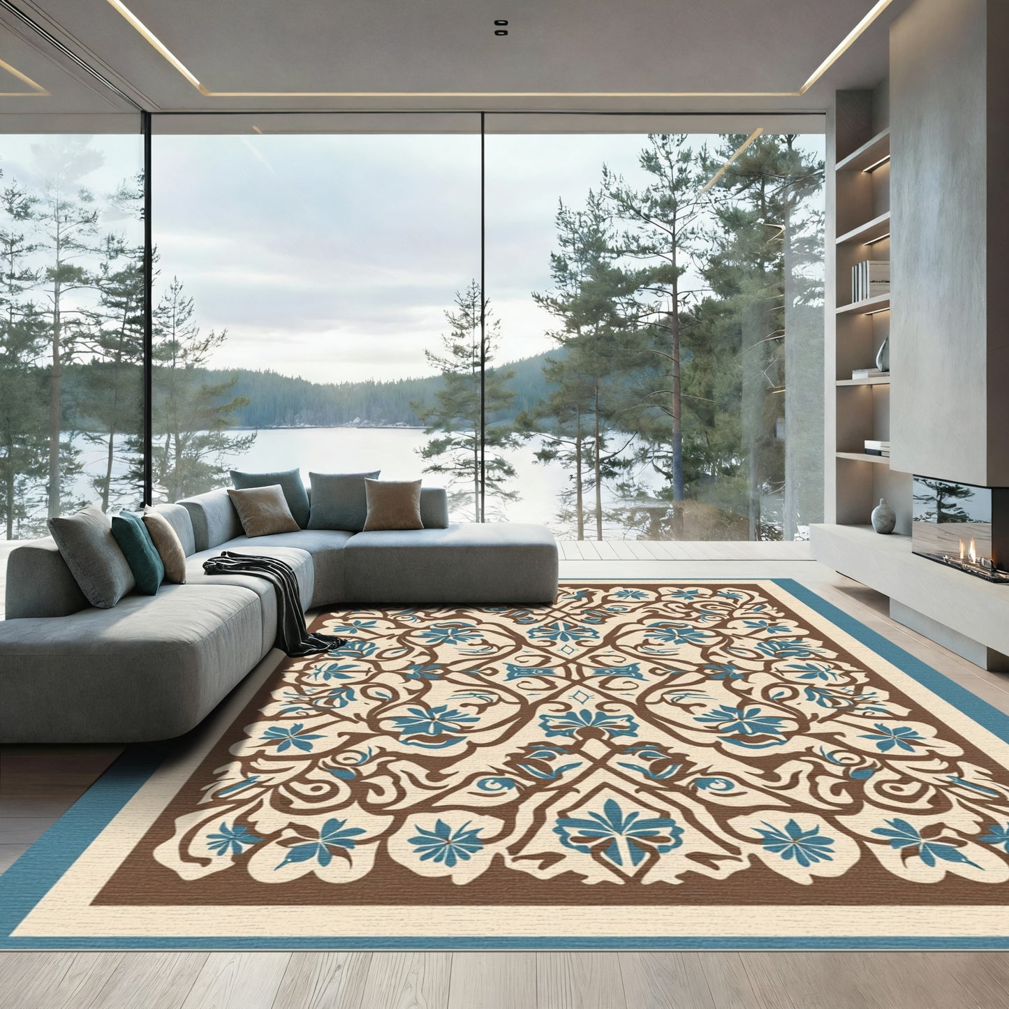 Brown Blue Scrolling Floral Harmony Rug