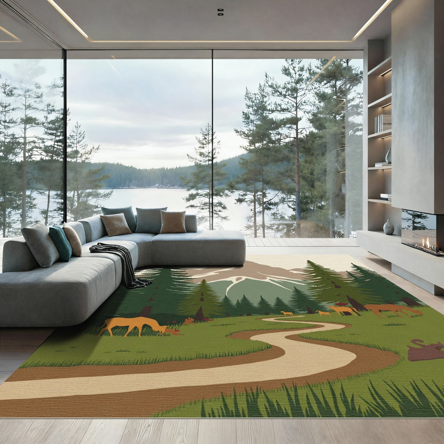 Woodland Deer Path Mountain Landscape Rug