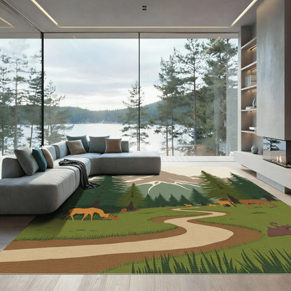 Woodland Deer Path Mountain Landscape Rug