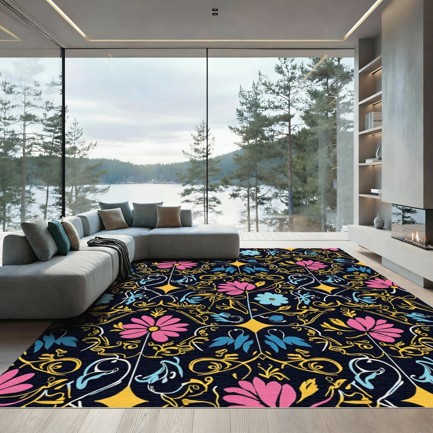 Pink Blue Floral Vine Garden Rug