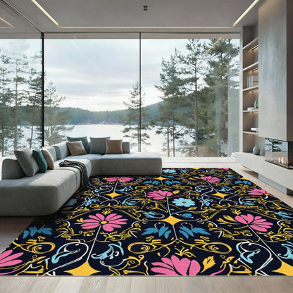 Pink Blue Floral Vine Garden Rug
