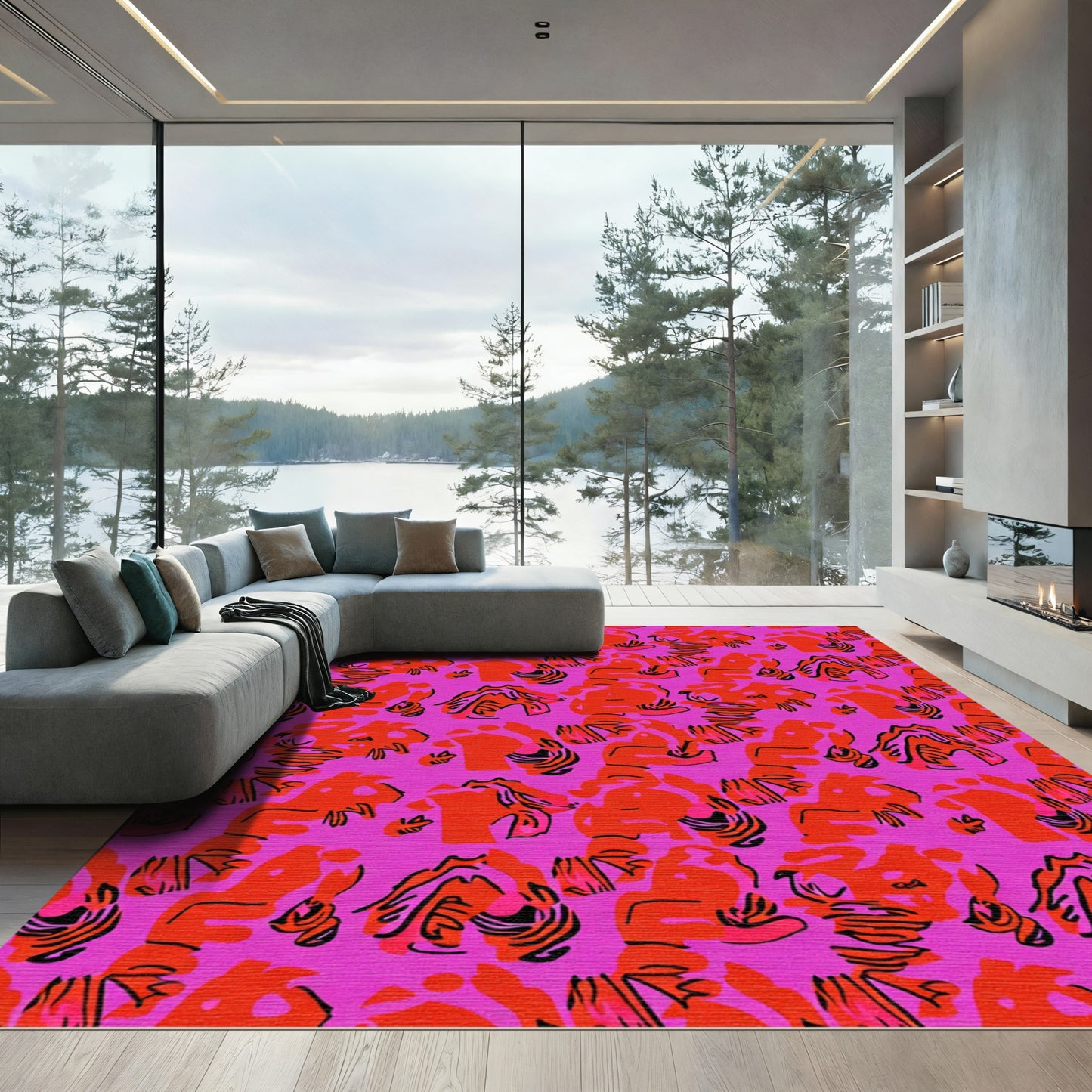 Vibrant Pink Abstract Organic Swirls Rug