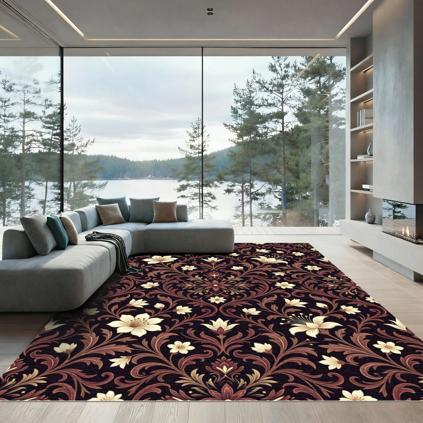 Dark Cream Floral Damask Scroll Rug