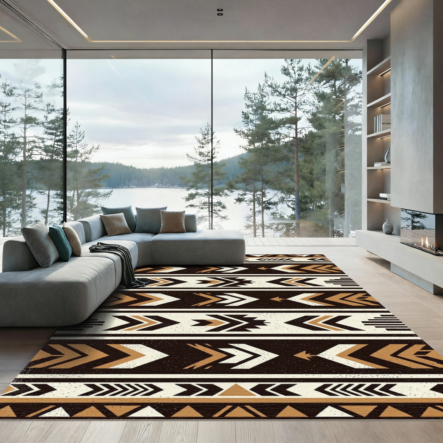 Brown, White, Tan Geometric Aztec Rug