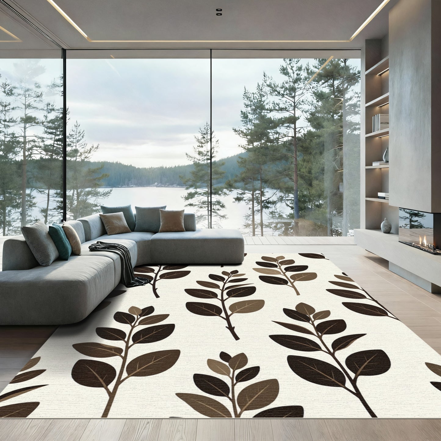 Earthy Brown Branch Foliage Pattern Rug