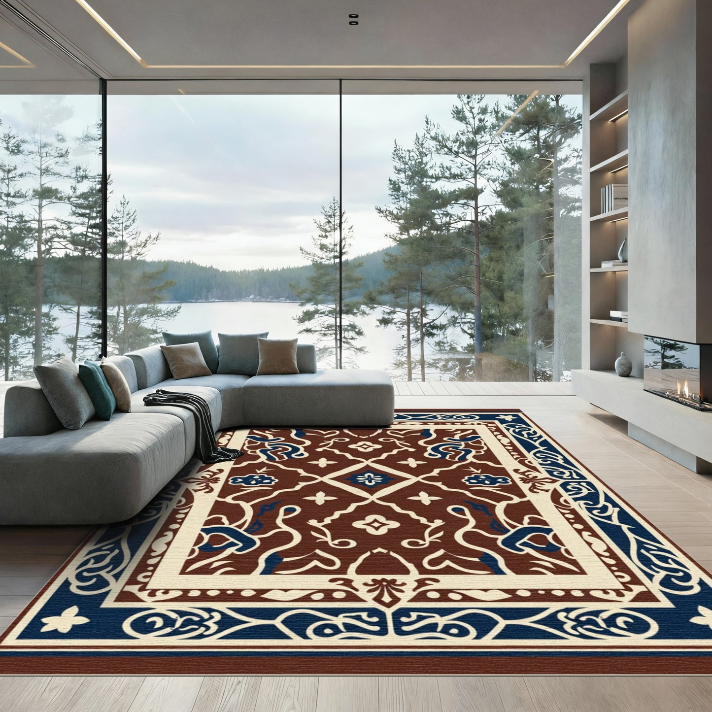 Rich Cognac White Blue Floral Scroll Rug