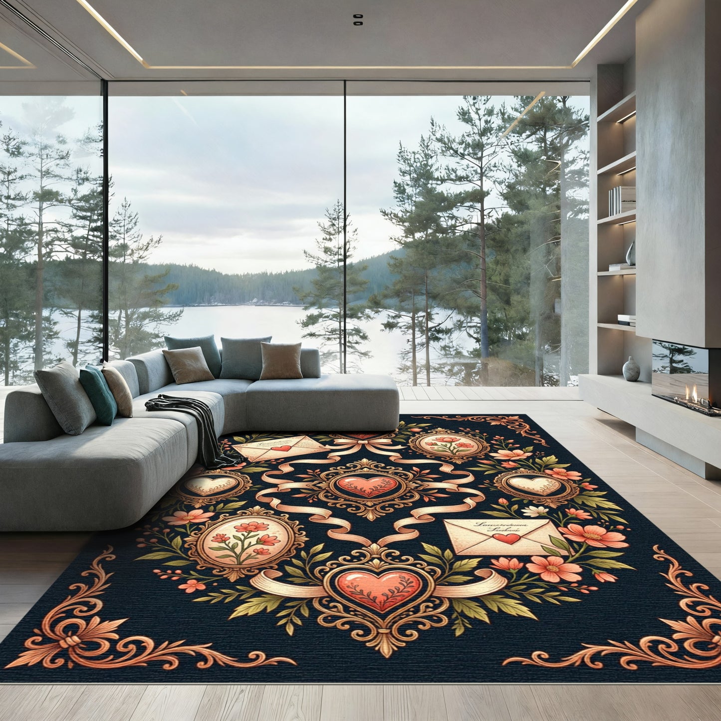 Vintage Floral Heart Scrolls And Ribbons Rug