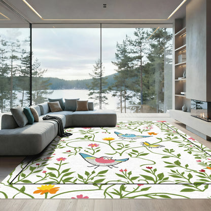Whimsical Garden Birds Floral Vines Rug