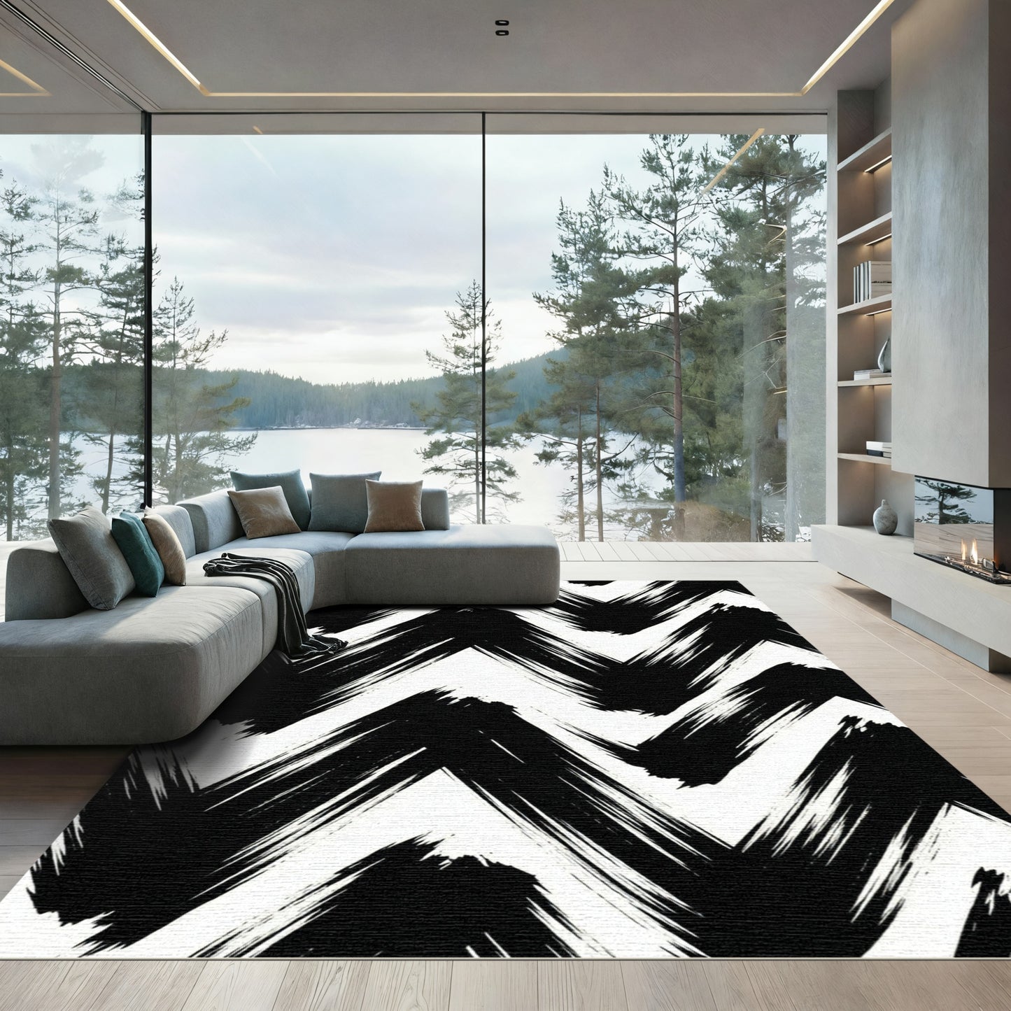 Bold Black White Brushstroke Chevron Rug