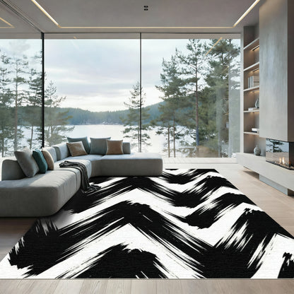 Bold Black White Brushstroke Chevron Rug