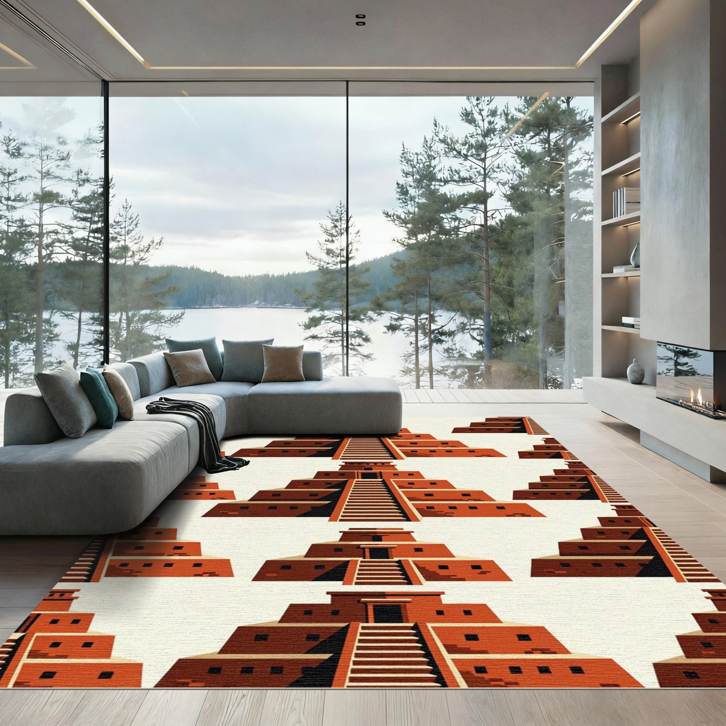 Terracotta Step Pyramid Geometric Grid Rug