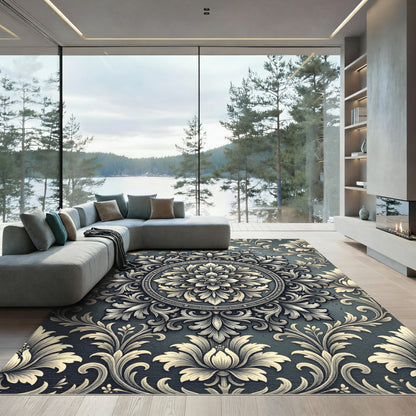 Ornate Slate Gray Damask Medallion Rug
