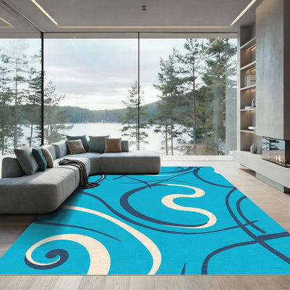 Deep Blue Ivory Swirl Abstract Rug