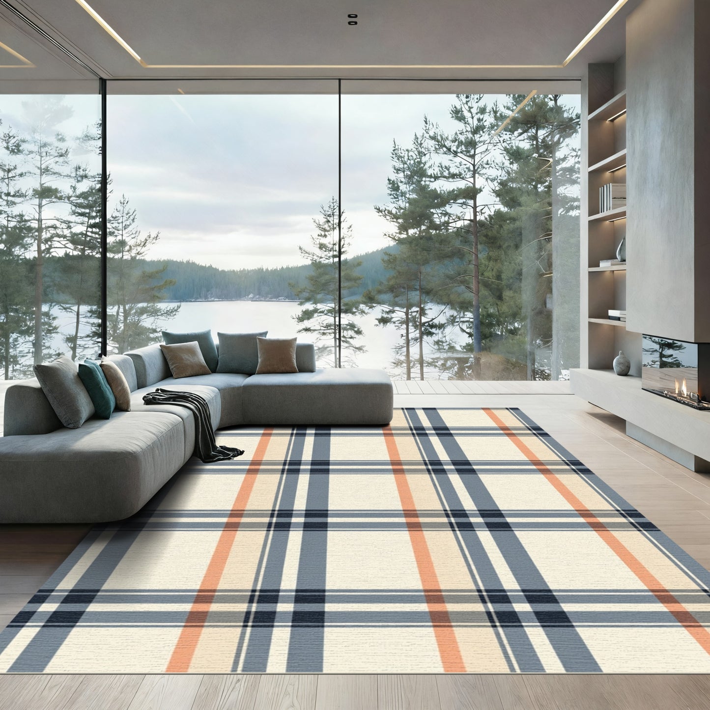 Cream Blue Coral Plaid Lines Rug