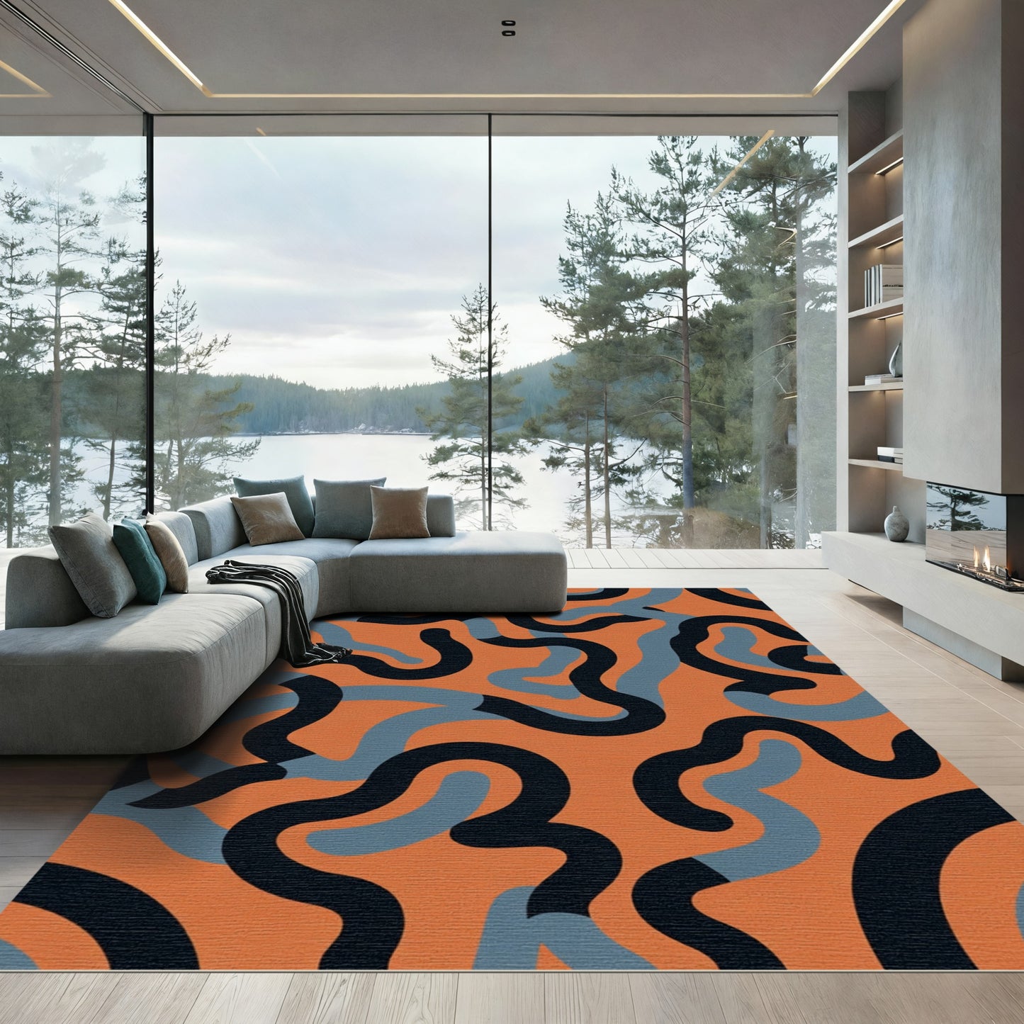 Terracotta Blue Black Wavy Flow Rug