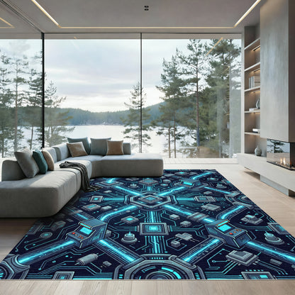 Neon Cybernetic Circuitry Glow Gaming Grid Rug
