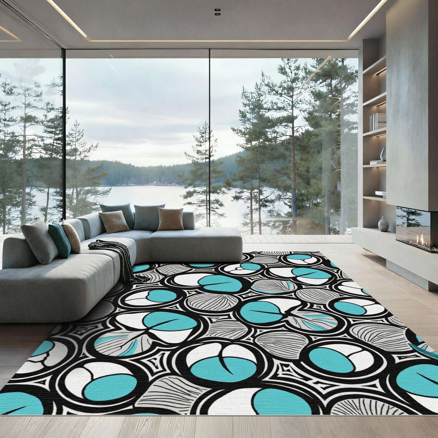 Modern Teal White Abstract Cell Rug