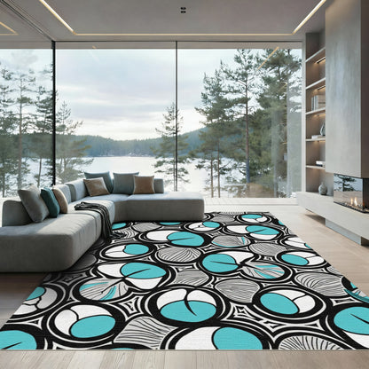 Modern Teal White Abstract Cell Rug