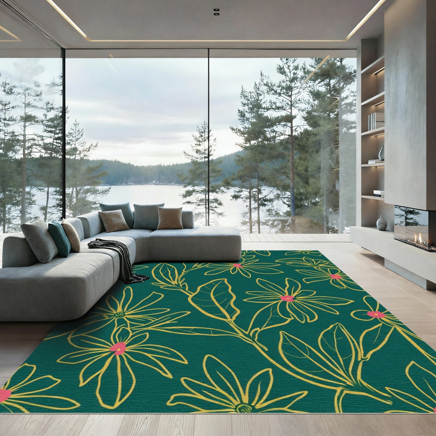 Teal Gold Outline Floral Bloom Rug