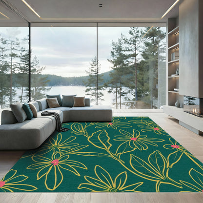 Teal Gold Outline Floral Bloom Rug