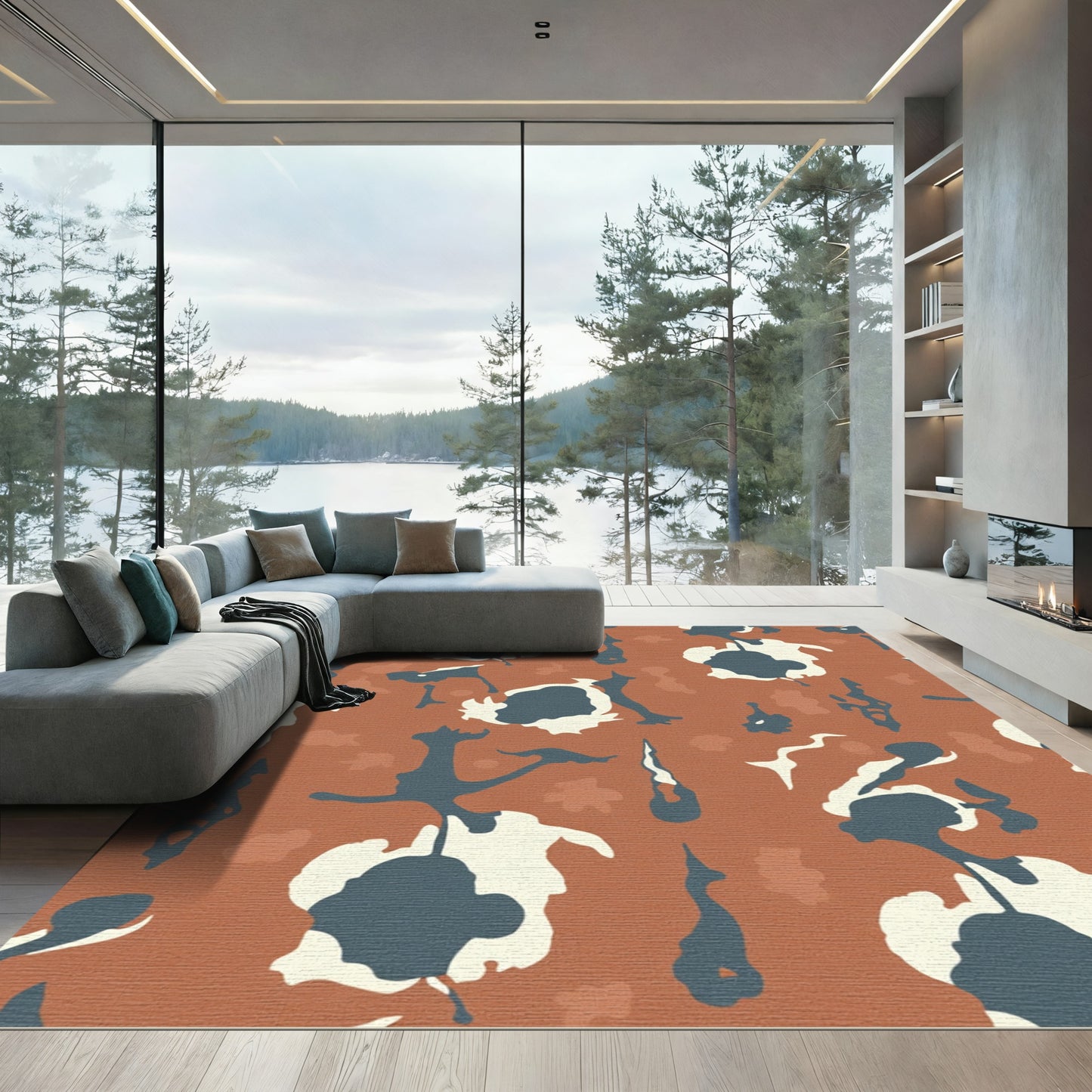 Abstract Camouflage Terracotta Blue CreamRug Rug
