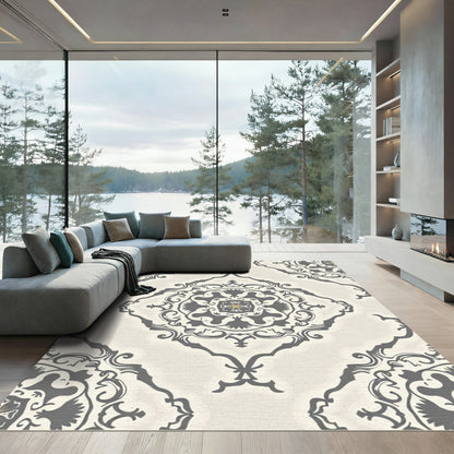 Cream Gray Intricate Damask Medallion Rug