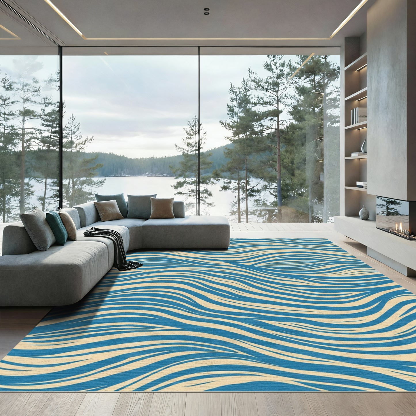Deep Blue Wavy Lines Rug