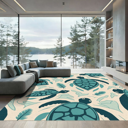 Teal Sea Turtle Feather Pattern Rug