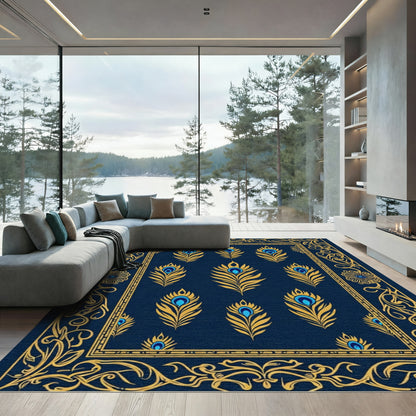 Deep Blue Golden Feather Art Nouveau Rug