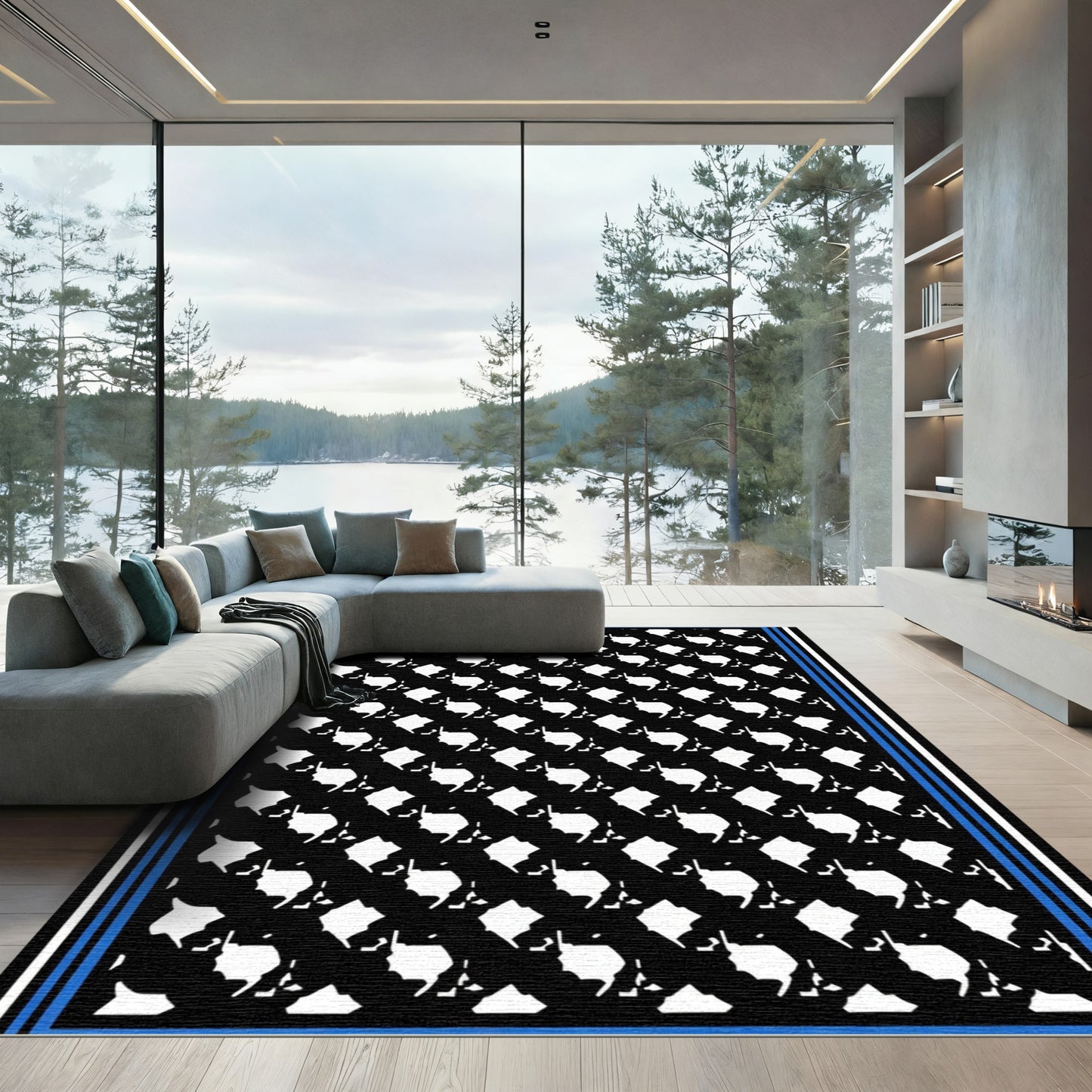 Bold Black White Geometric Symmetry Rug
