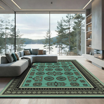 Aqua Black Repeating Medallion Arrangement Rug