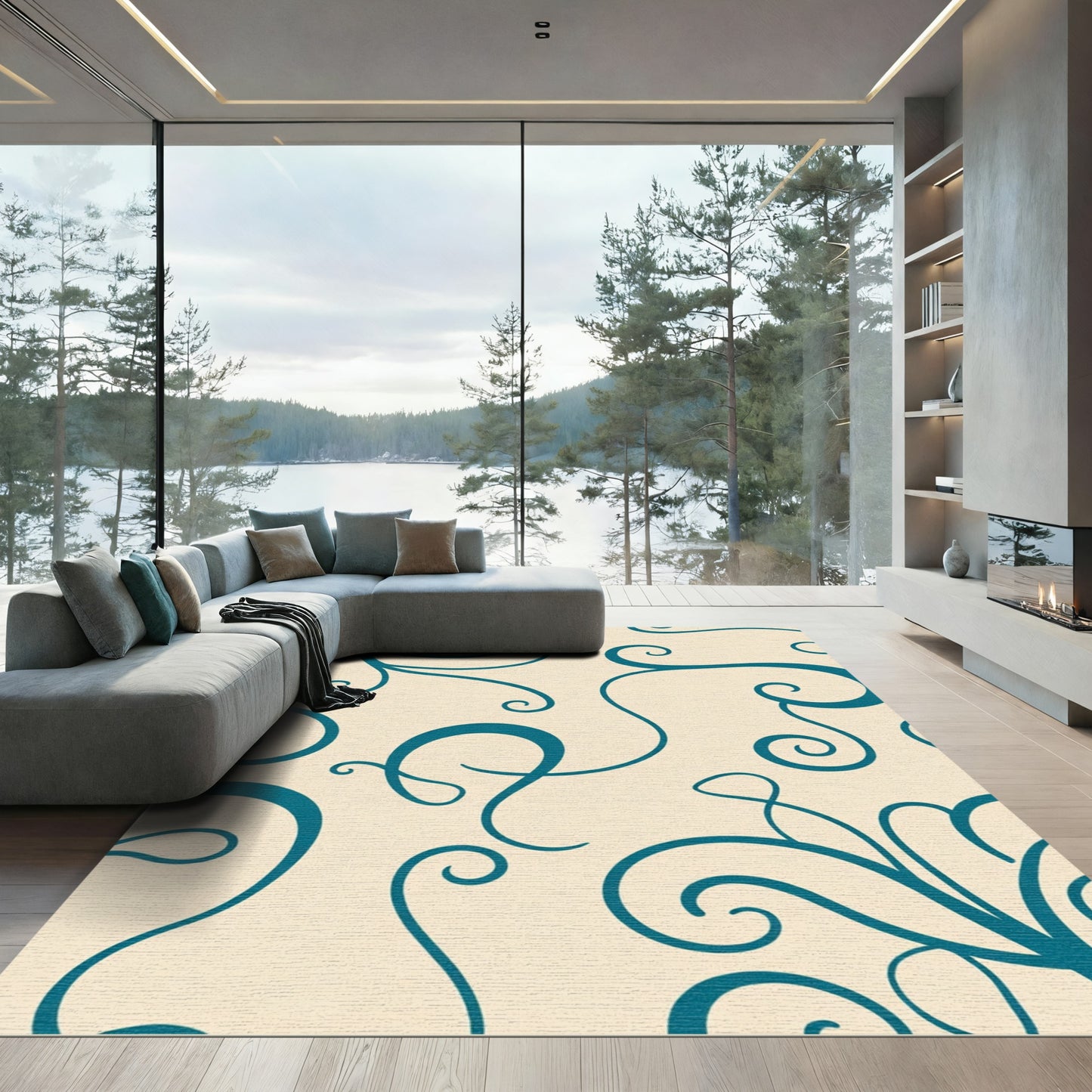 Teal Swirl Ivory Serpentine Scrolls Rug