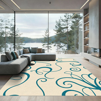 Teal Swirl Ivory Serpentine Scrolls Rug