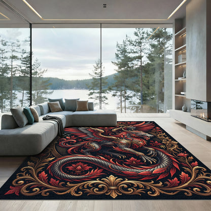 Mythical Crimson Winged Dragon Gold Ornament Rug