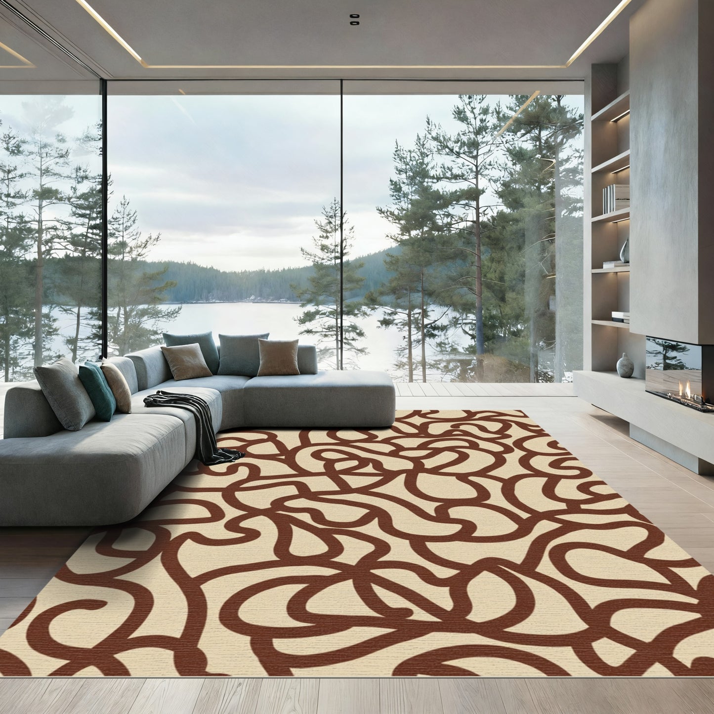 Brown Beige Abstract Swirl Rug