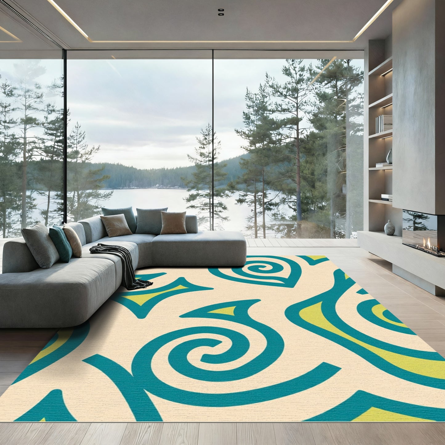 Teal Yellow Swirl Organic Form Rug